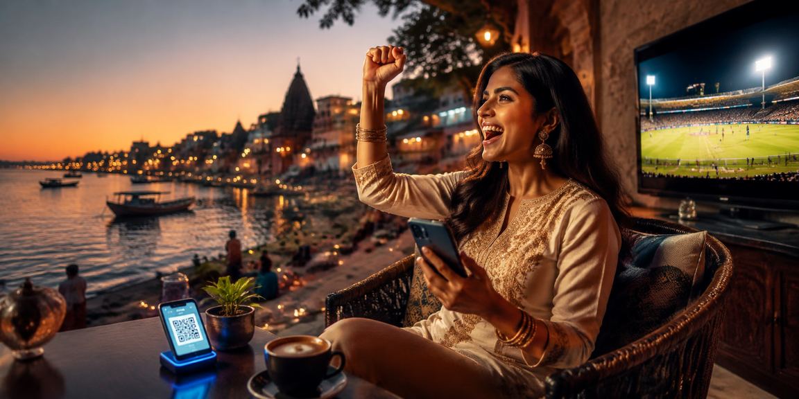 Mobile sports betting transaction using UPI at Varanasi ghat during sports event